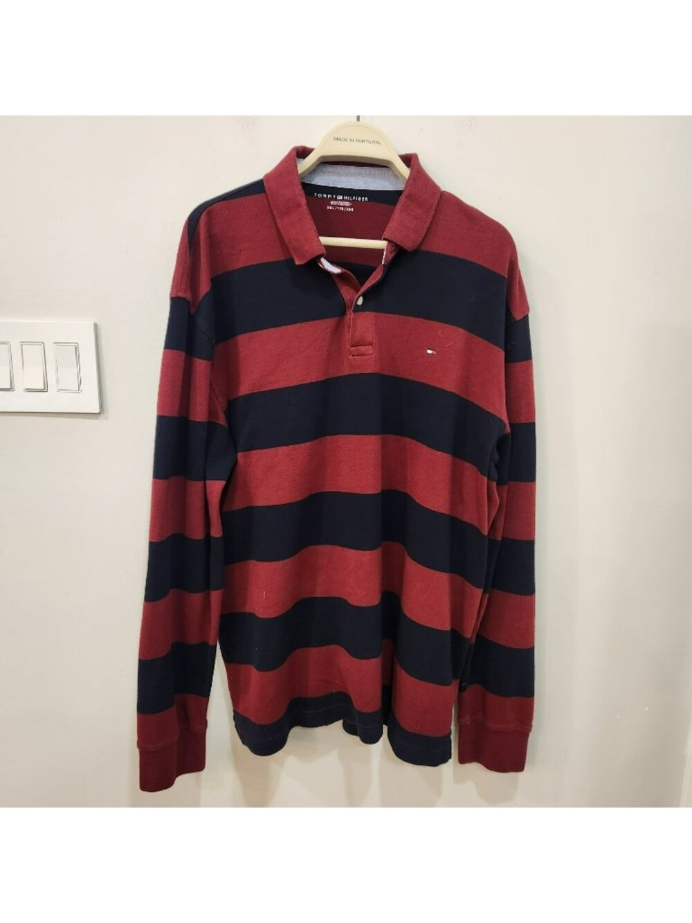 Vintage Tommy Hilfiger Polo Shirt Mens 2XL Red Black Stripe Long Sleeve Rugby